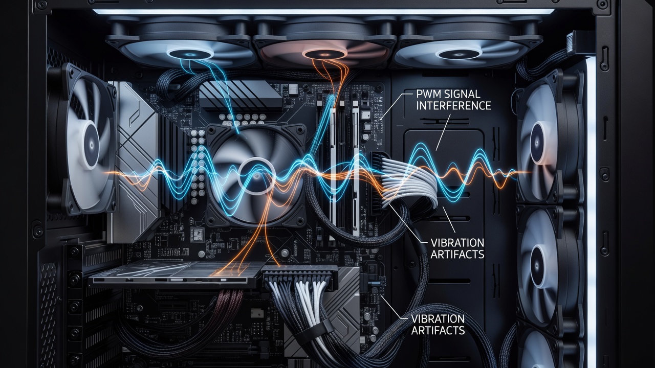 Diagram illustrating PWM signal paths between case fans and motherboard headers in a compact gaming chassis