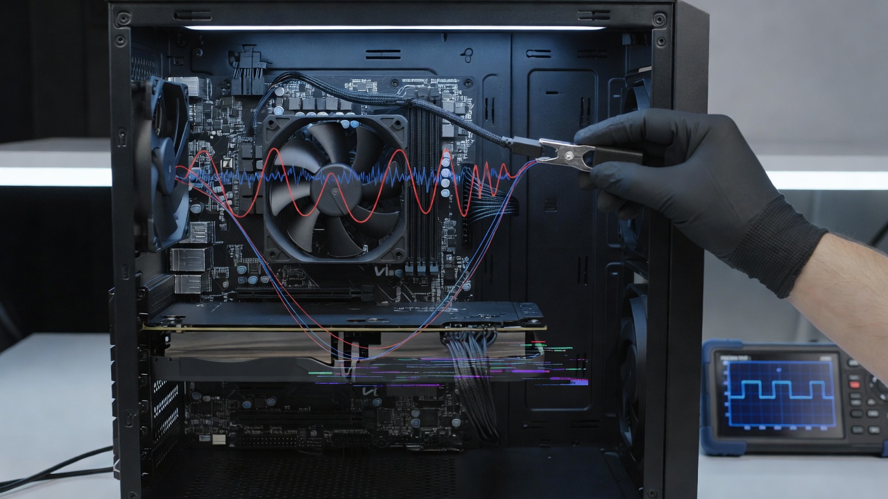 Oscilloscope capture of distorted PWM waveforms from multiple case fans in a gaming PC