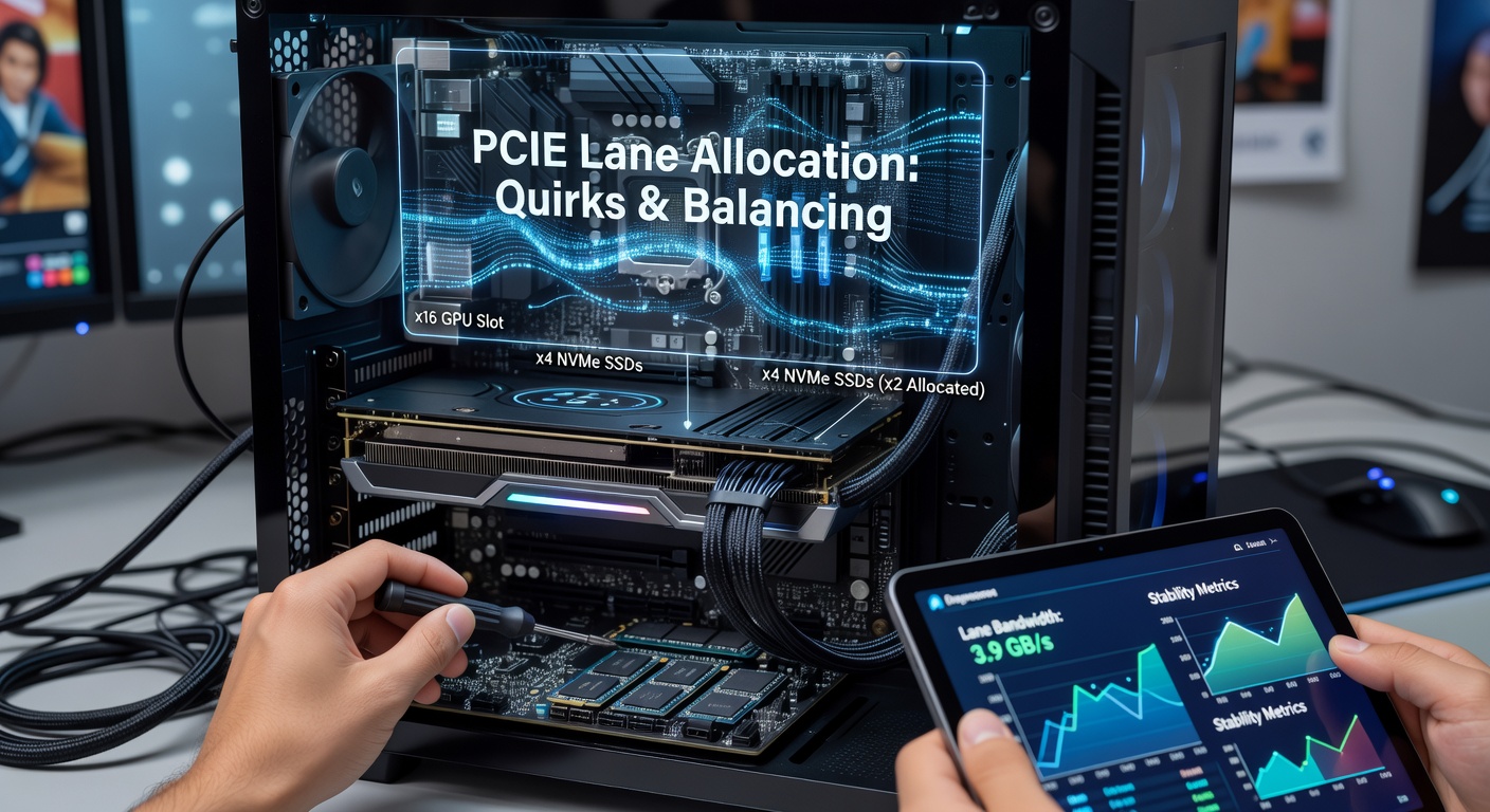 PCIe lane allocation diagram showing CPU and chipset connections to multiple NVMe drives and GPU in a gaming PC motherboard layout
