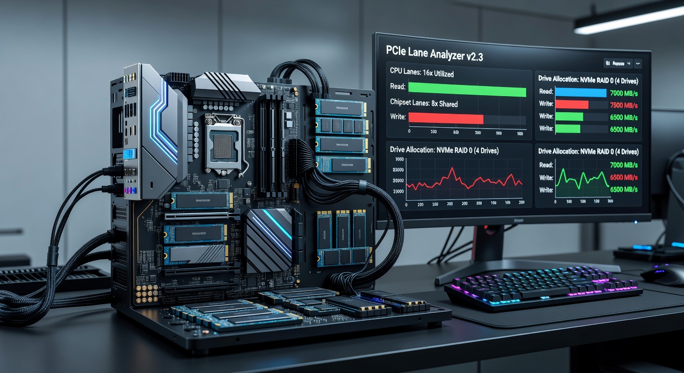Close-up of motherboard M.2 slots and PCIe bifurcation settings in BIOS interface for multi-drive configuration