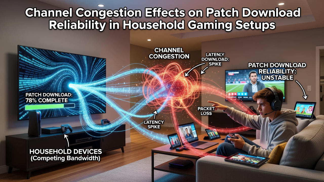 Household gaming setup showing multiple devices connected to a wireless router during peak hours