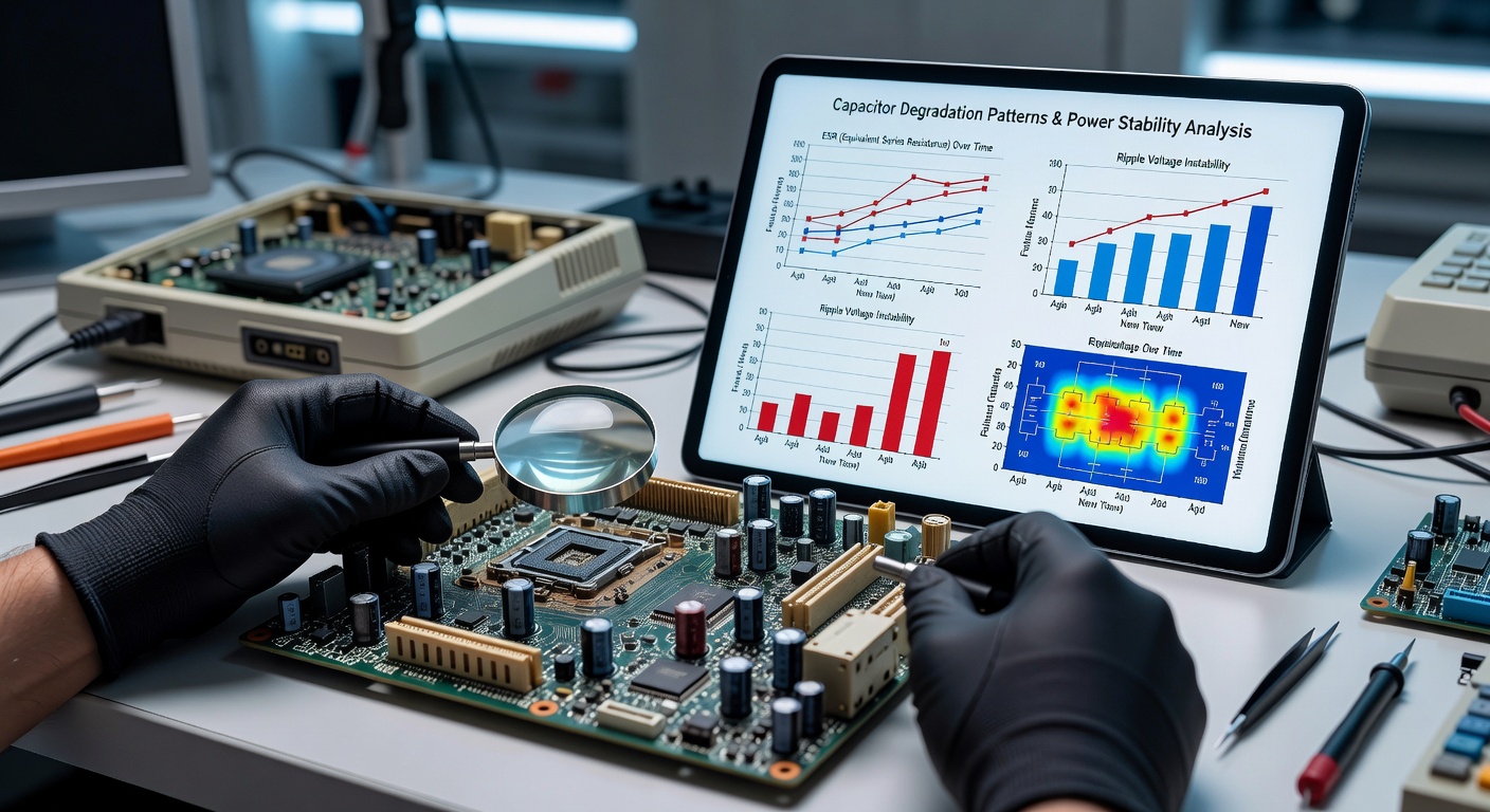 Oscilloscope readout showing voltage instability and increased ripple caused by capacitor wear in gaming hardware