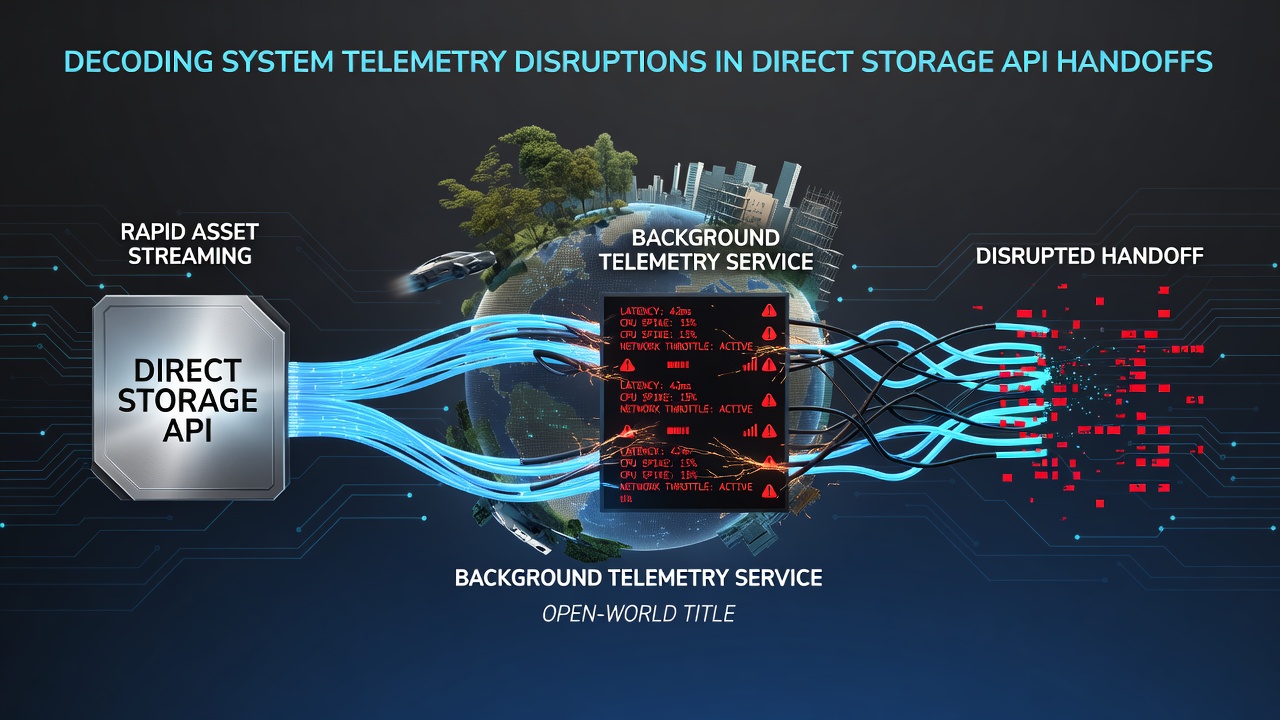 Diagram showing telemetry services interrupting DirectStorage API handoffs during asset streaming in open-world games