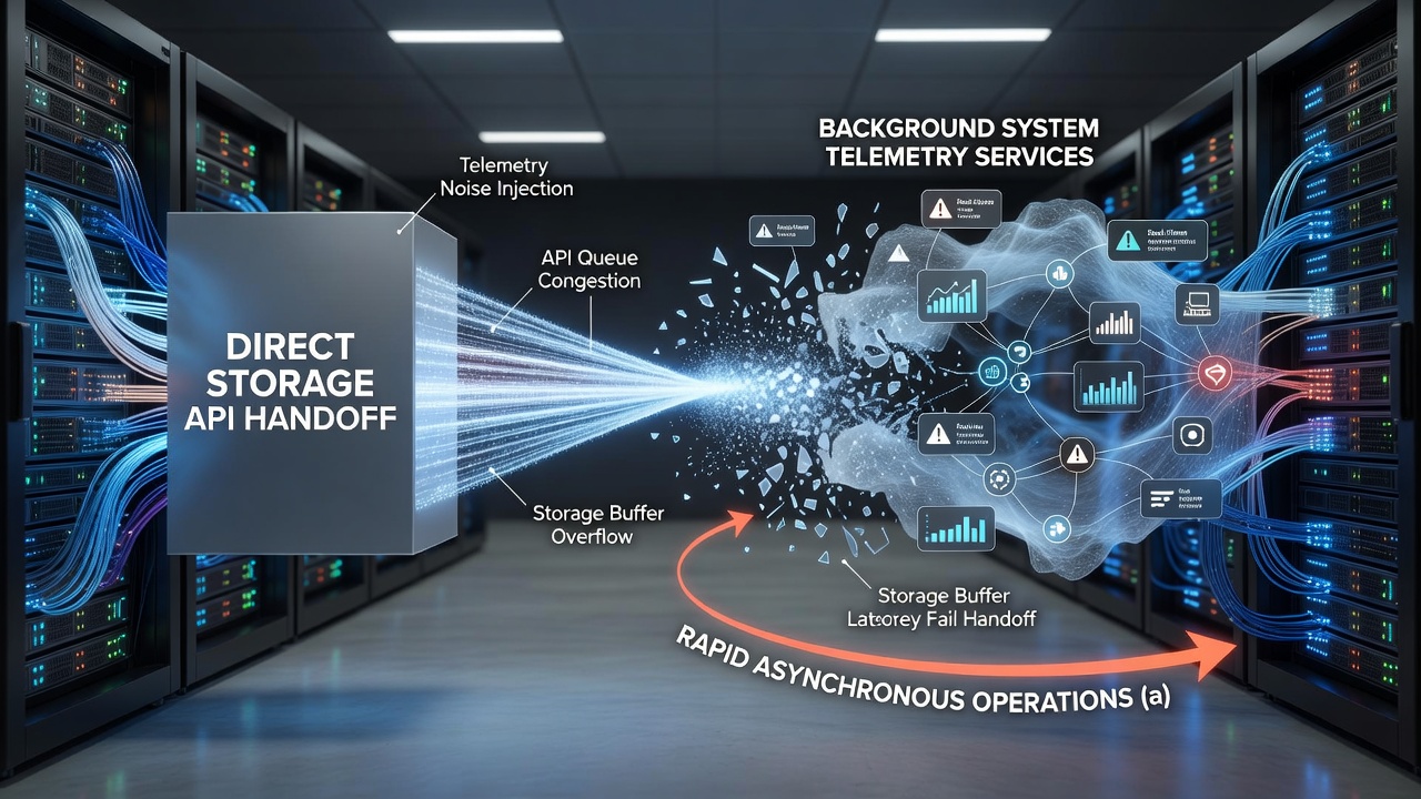 Performance graph illustrating latency spikes caused by telemetry interference with DirectStorage during asset streaming