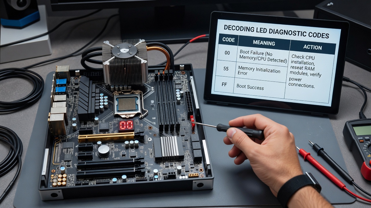Technician examining LED diagnostic codes on an open gaming PC case following a recent hardware installation