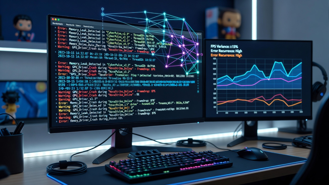 System log analysis interface showing error patterns across multiple game titles on a gaming setup