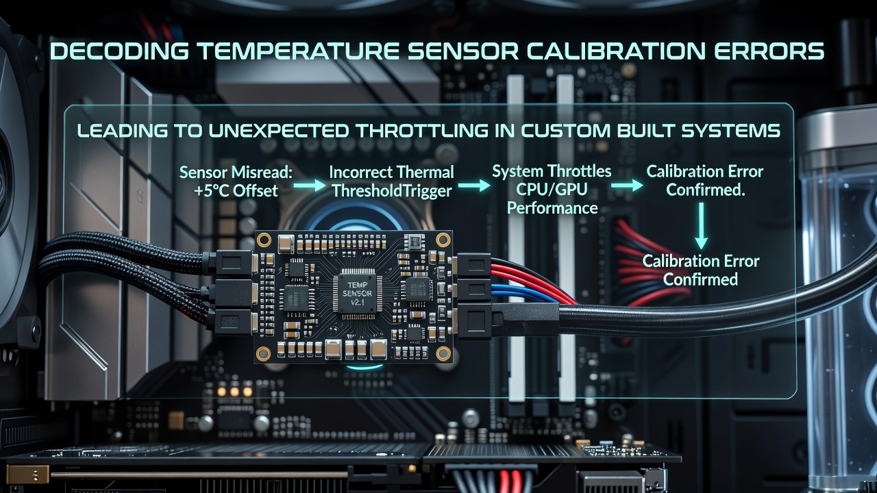 Custom-built system motherboard with temperature sensors highlighted during calibration check