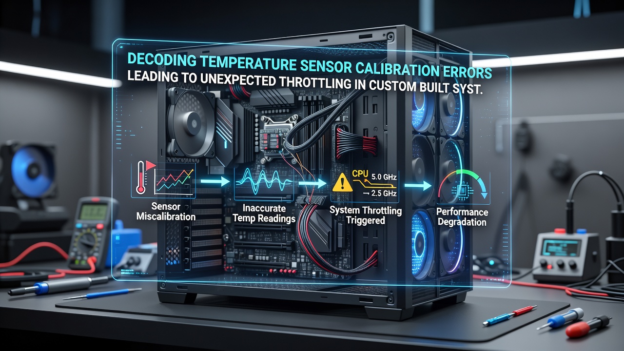 Thermal imaging scan of a custom PC build showing sensor placement points and throttling indicators
