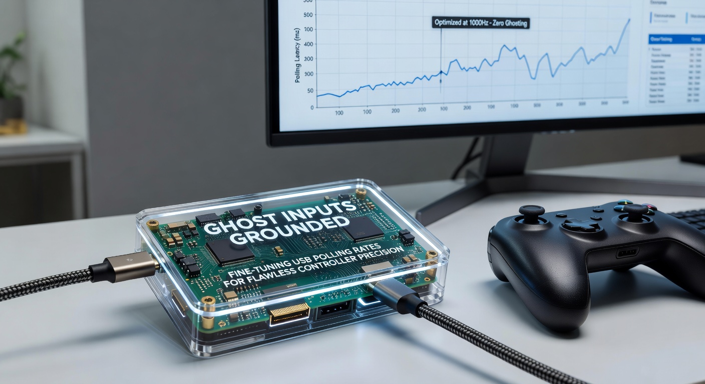 Close-up diagram illustrating USB polling signals between a gaming controller and PC, highlighting data packets and latency intervals