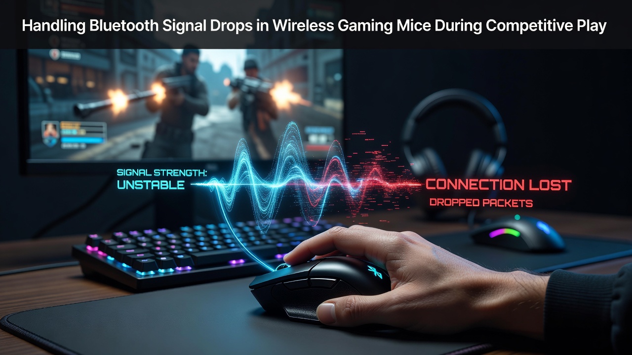 Wireless gaming mouse setup showing Bluetooth receiver placement near a competitive gaming station with minimal interference sources
