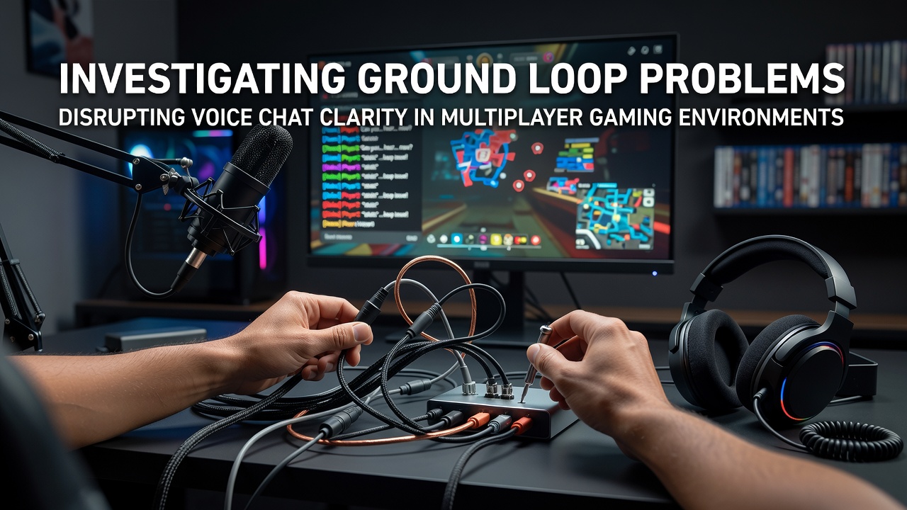 Diagram showing ground loop formation between gaming PC, headset, and console connections in a typical multiplayer setup