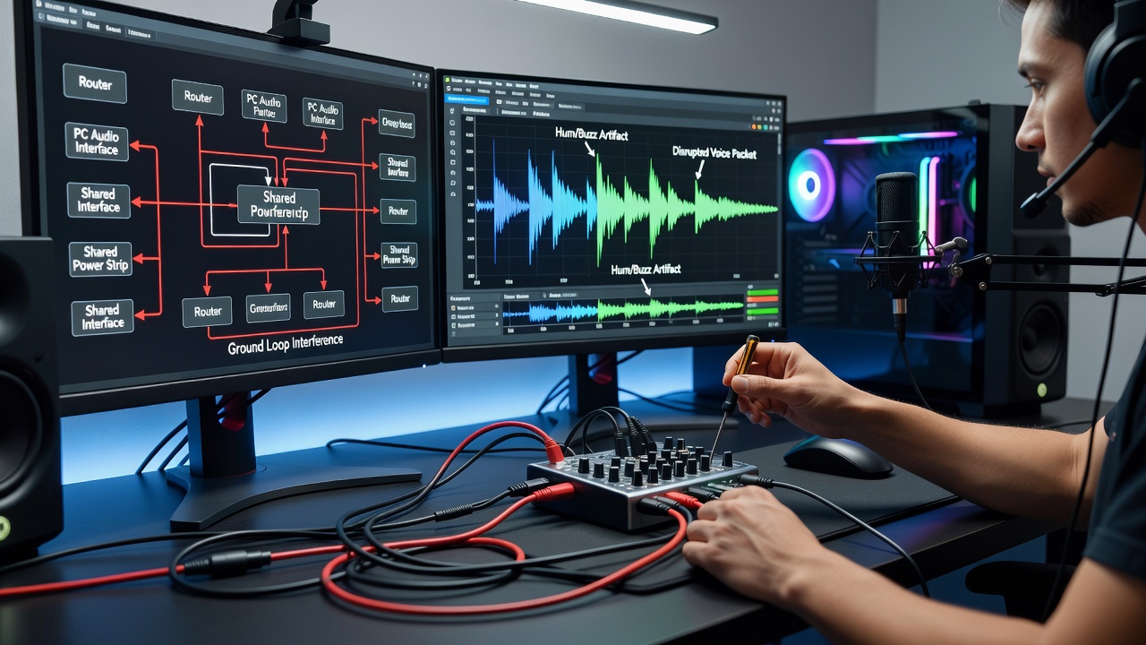 Technician using multimeter to test ground potential differences across gaming peripherals and power outlets