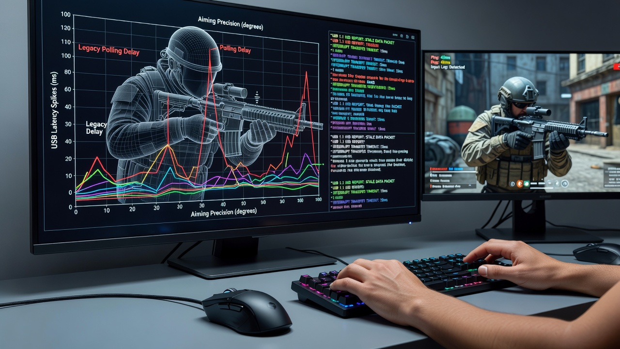 USB protocol analysis setup showing legacy device connections to gaming peripherals in a tactical shooter environment
