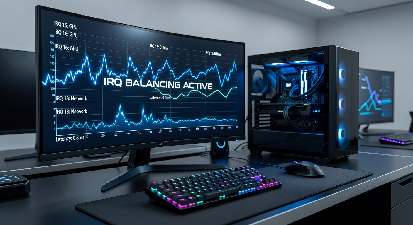 High-performance gaming station with multiple peripherals connected showing IRQ distribution across CPU cores