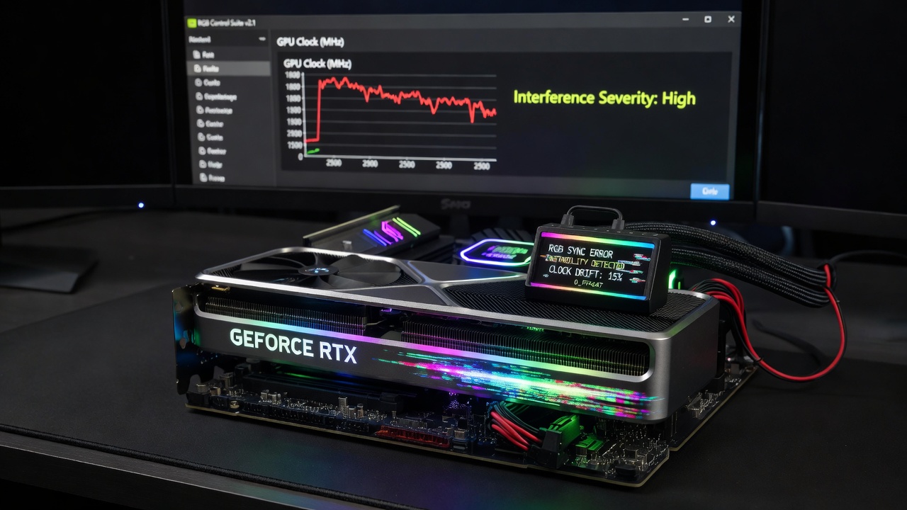RGB controller software running alongside GPU monitoring tools in a custom PC build