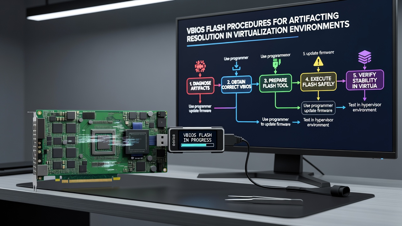 Close-up of VBIOS flashing utility running on a diagnostic workstation for graphics hardware