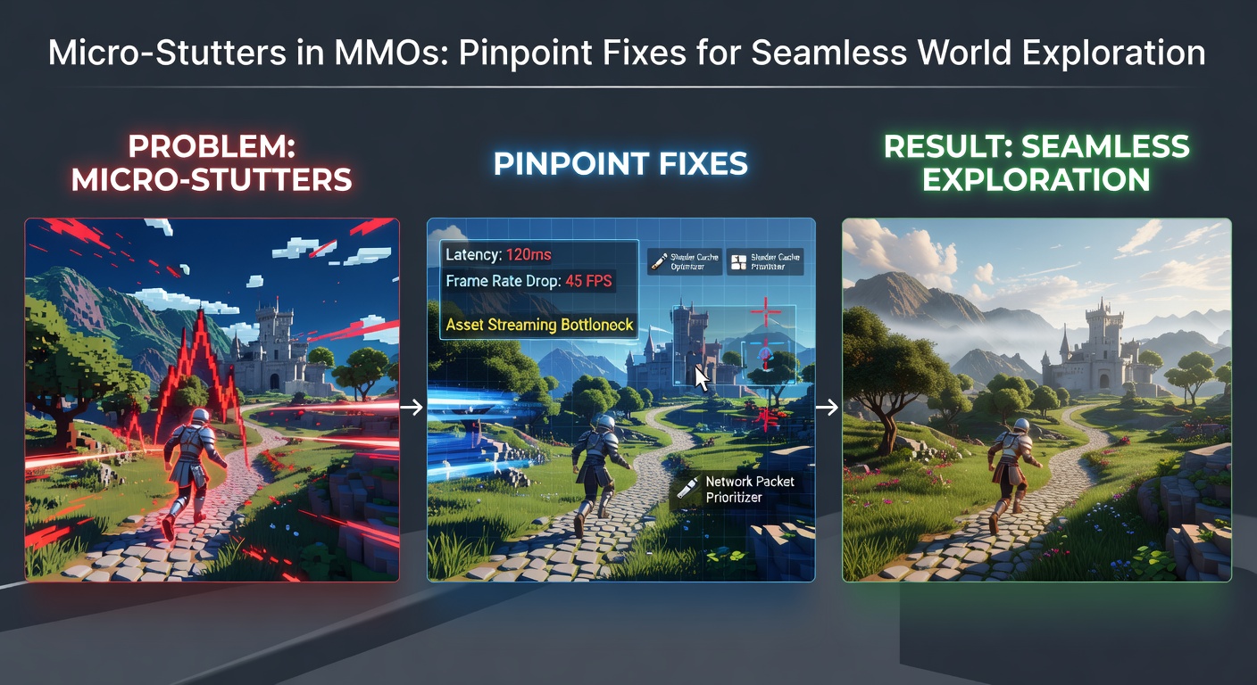 In-game screenshot of a fluidly exploring player character traversing a lush MMO forest, free from micro-stutter interruptions, showcasing optimized draw distance and LOD settings