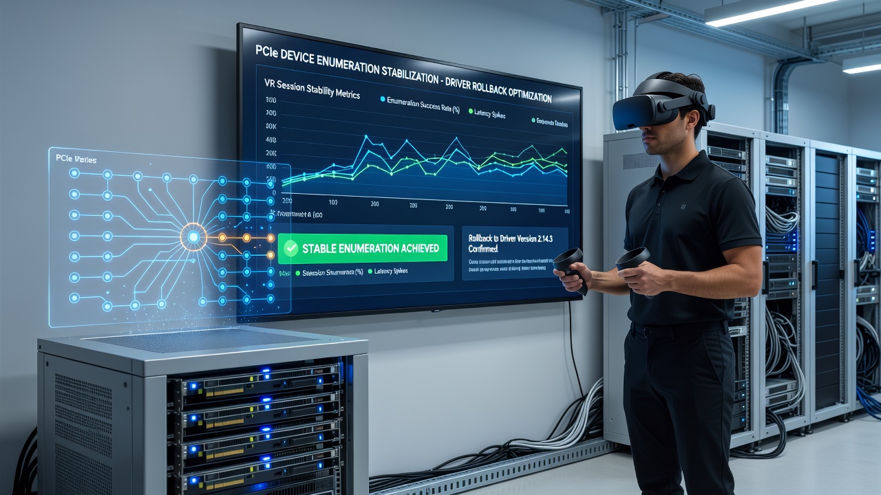 Graph displaying PCIe enumeration stability metrics before and after chipset driver rollback during simulated long VR sessions