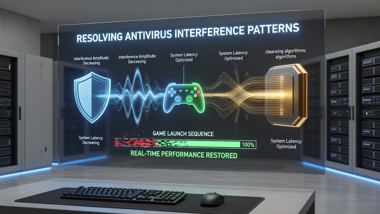 Graph illustrating frame rate drops and launch delays caused by antivirus background processes in gaming setups