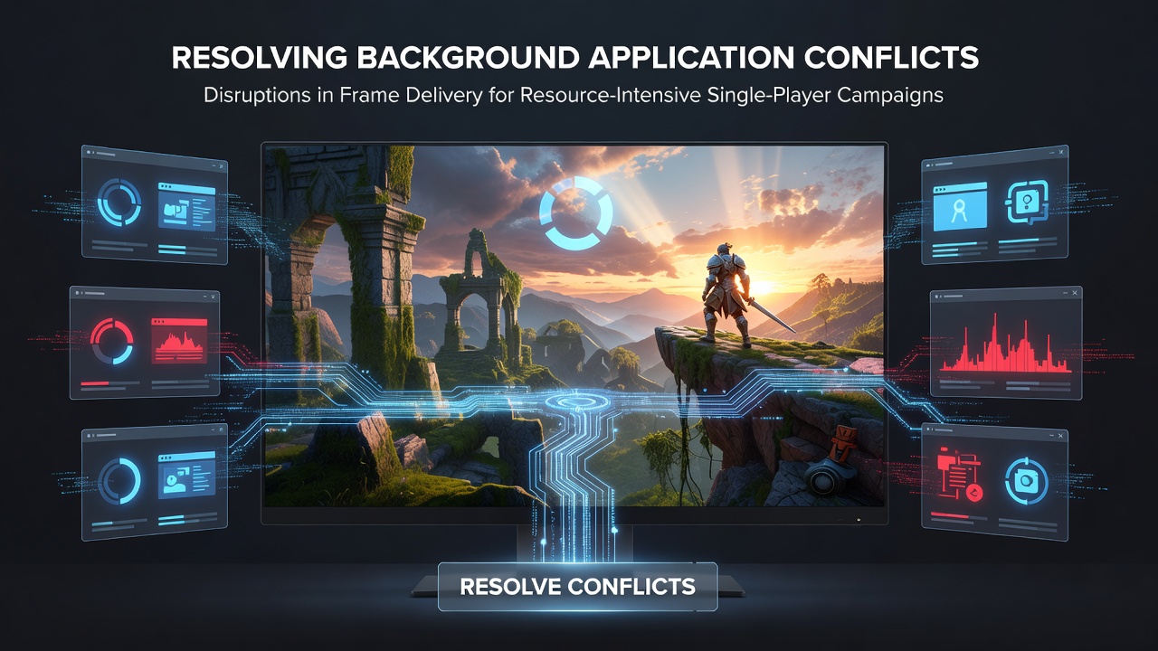 A detailed view of a gaming PC monitor displaying frame delivery metrics alongside background processes running in a system task manager during a resource-intensive single-player campaign