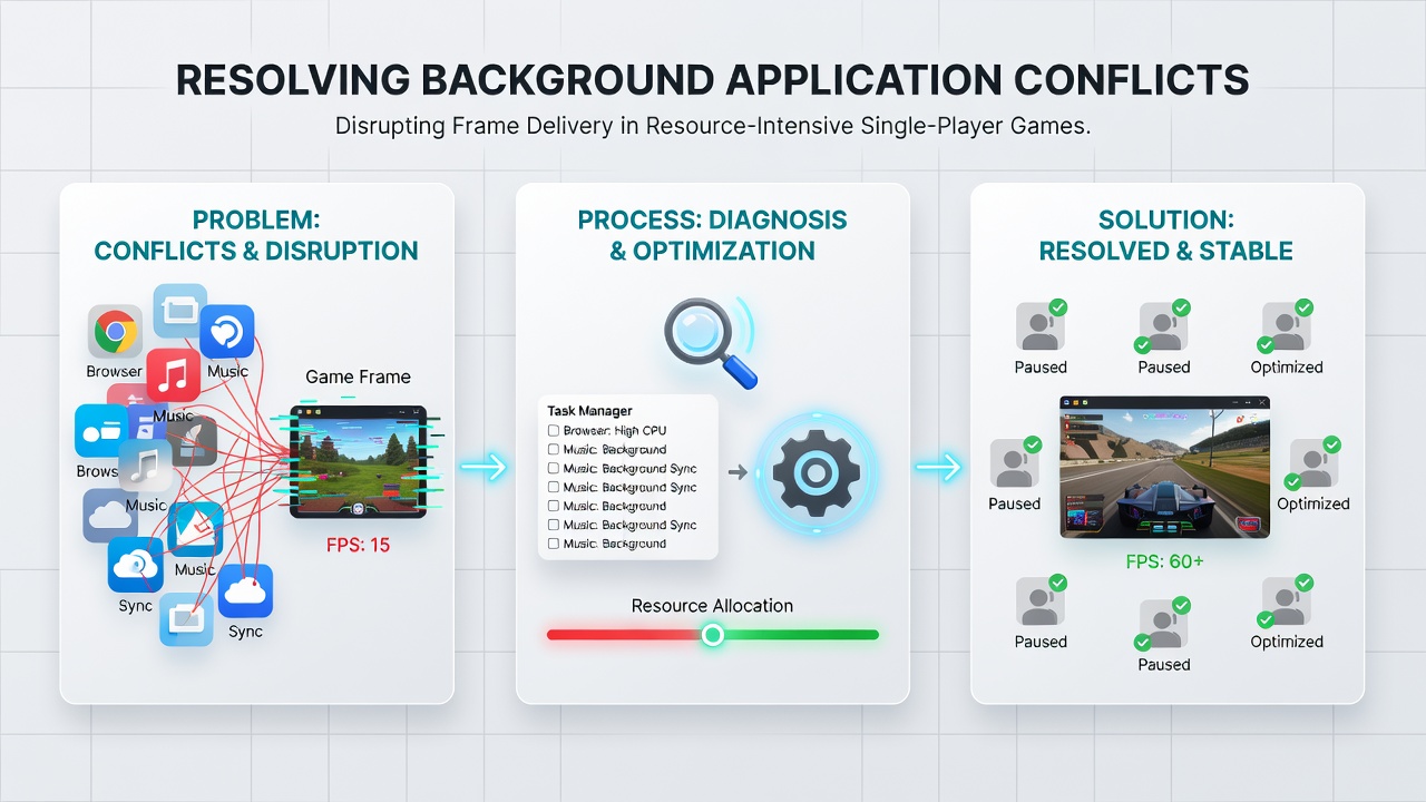 Close-up of system resource graphs showing CPU and GPU utilization spikes caused by background applications during gameplay analysis