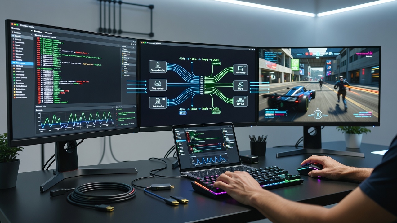 Multi-monitor gaming setup showing DisplayPort connections with varying refresh rates