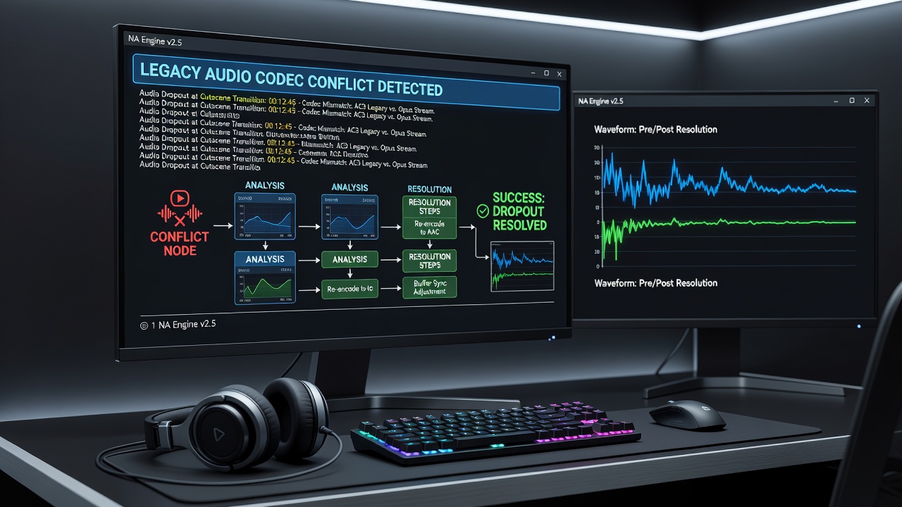 Screenshot of audio troubleshooting software displaying buffer status and codec detection during a cutscene sequence
