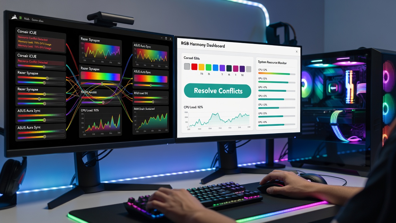 System resource monitor displaying elevated CPU and memory usage from RGB control software