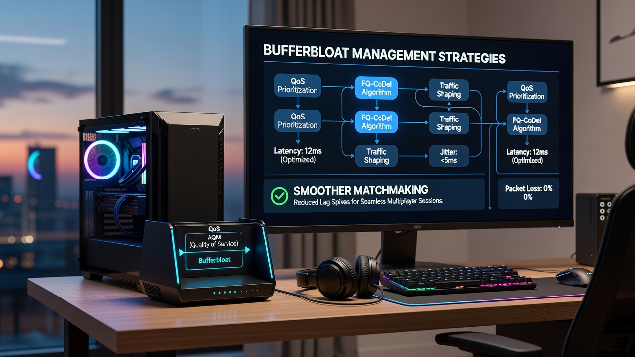 Network latency graph comparing bufferbloat before and after applying queue management algorithms in a gaming setup
