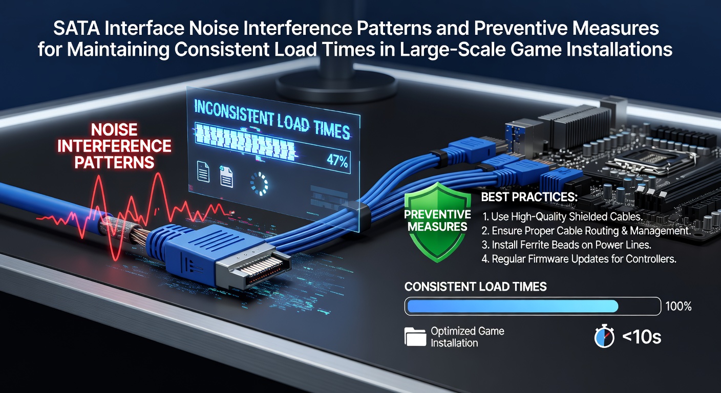 Diagram showing SATA cable routing near power lines with electromagnetic interference patterns affecting data signals in a gaming PC setup