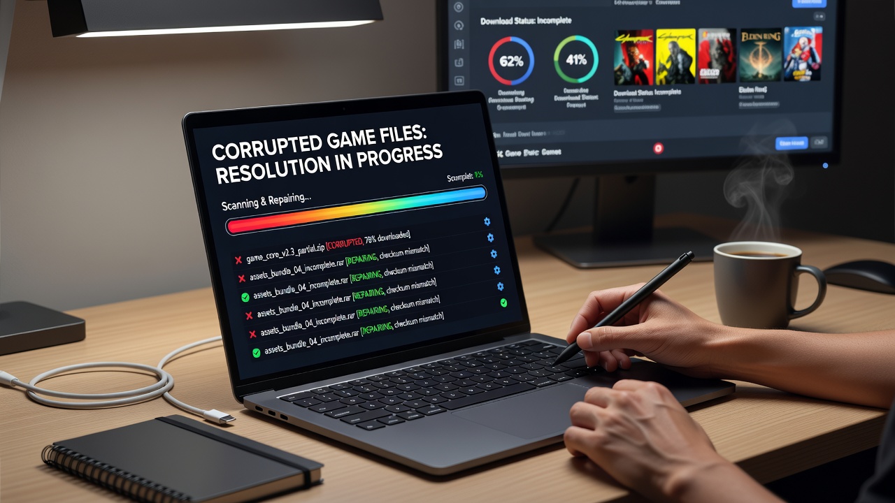 A gamer reviewing file verification progress on a digital distribution platform interface