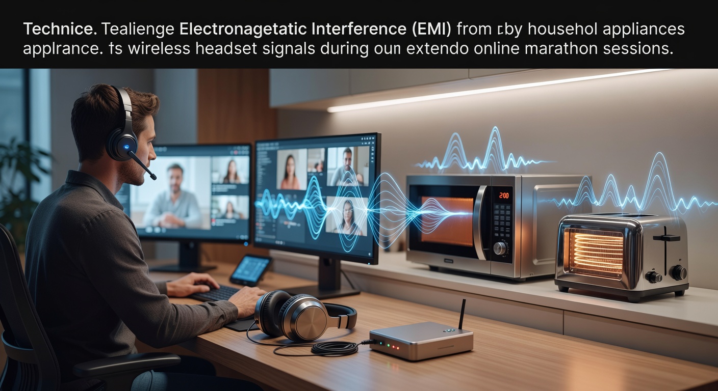 Diagram showing electromagnetic waves from household appliances like microwaves and refrigerators interfering with 2.4GHz wireless headset signals in a gaming setup