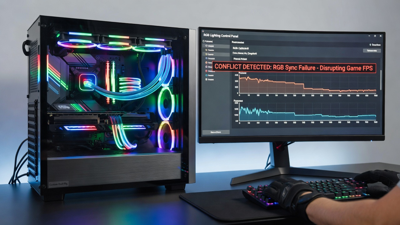 RGB lighting software interfaces running alongside a custom gaming PC build with multiple fans and LED strips visible