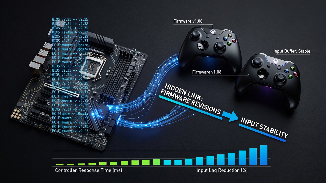 Diagram illustrating USB data flow from controller through motherboard chipset to CPU with firmware revision markers