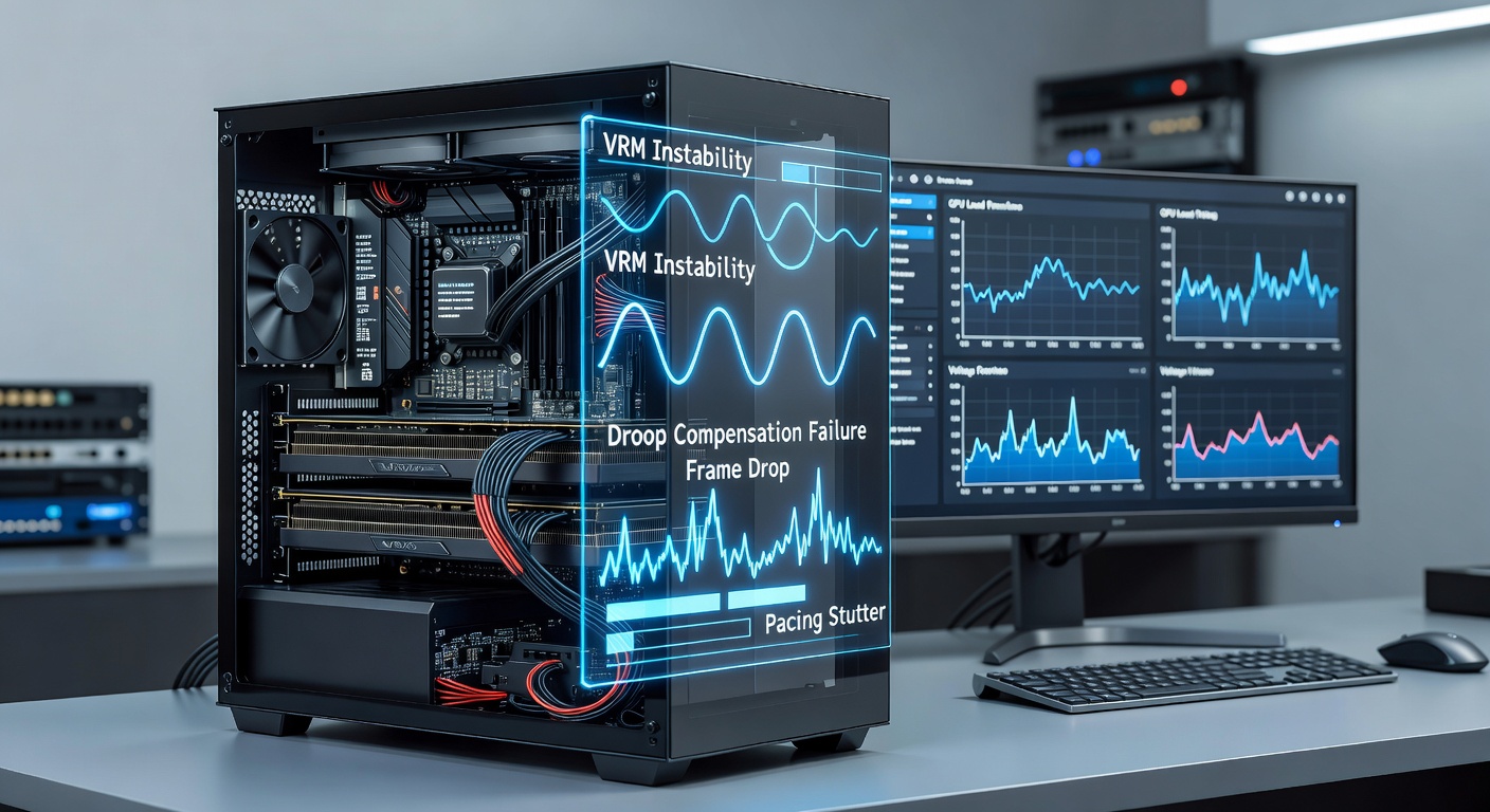 Multi-GPU tower PC interior highlighting voltage regulation modules and dual graphics cards